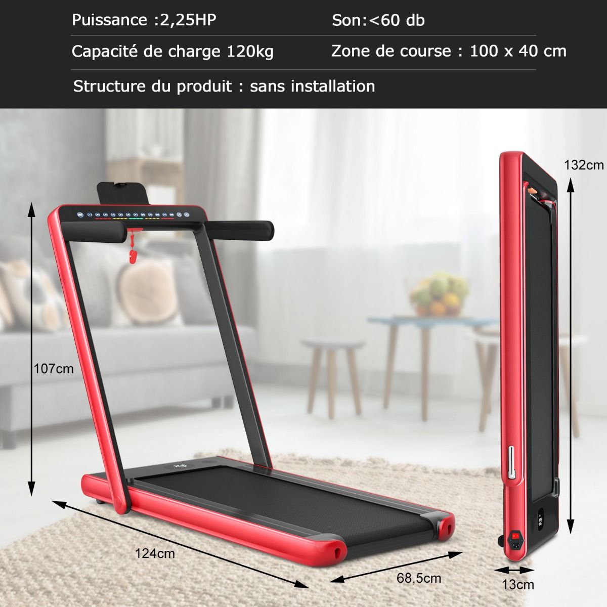 Foldable Treadmill 0.75HP Double LED Display APP and Remote Control Motorized Speed 12 km/h Surface 40x100cm Red -