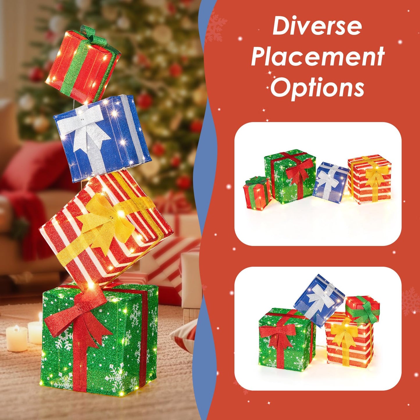 Tangkula 4 FT Lighted Stacked Gift Boxes, Light up Box Tower Christmas Decorations with Built-in LED Lights - Product image 9