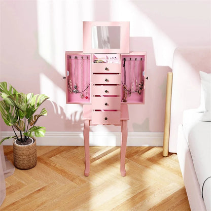 Standing Jewelry Armoire Cabinet with Flip Top Mirror, 4 Drawers, 8 Necklace Hooks & 2 Side Doors - Product image 43