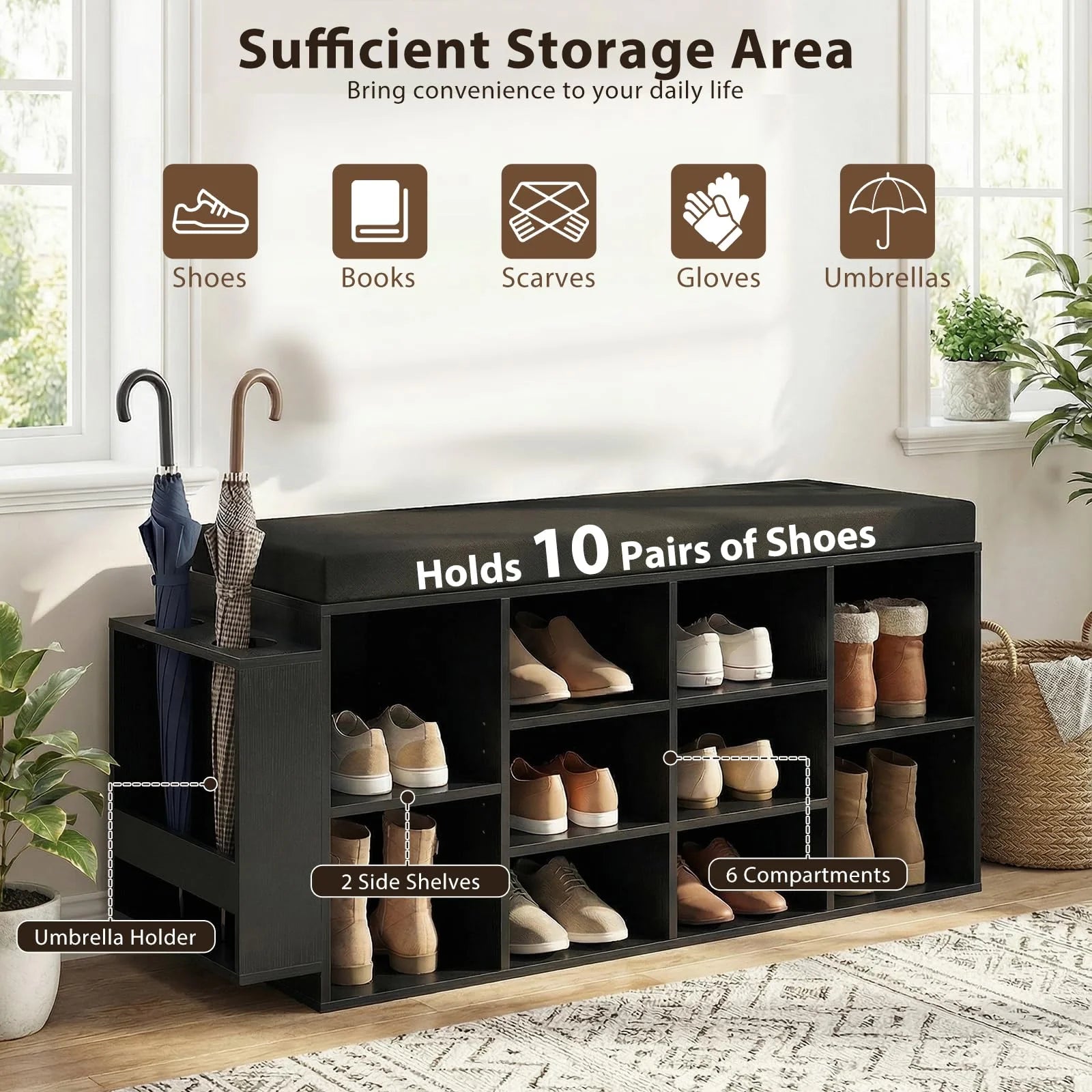 Tangkula Shoe Storage Bench with Umbrella Stand 10-Cubby Entryway Shoe Rack Organizer - Product image 4