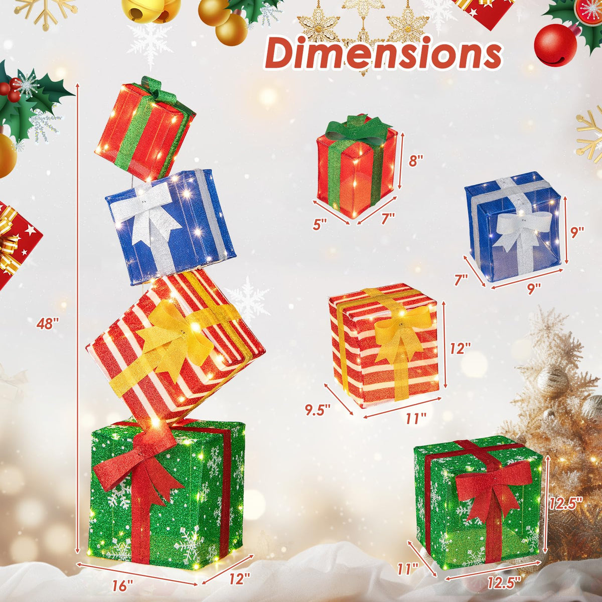 Tangkula 4 FT Lighted Stacked Gift Boxes, Light up Box Tower Christmas Decorations with Built-in LED Lights - Product image 7