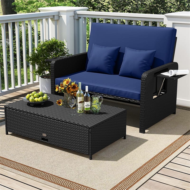Patio Rattan Daybed Outdoor Wicker Loveseat Sofa with 4-Level Adjustable Backrest, Storage Ottoman - Product image 14