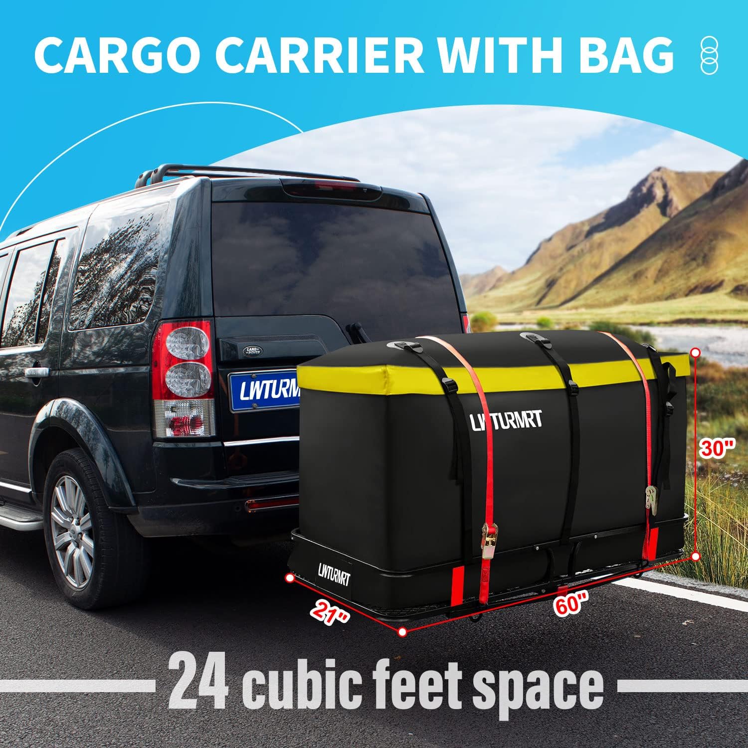 LWTURMRT 60" x 22" x 6" Hitch Cargo Rack with Waterproof Cargo Bag (58" x 20" x 24"), Rust Resistant Baking Paint and Alloy Steel Material