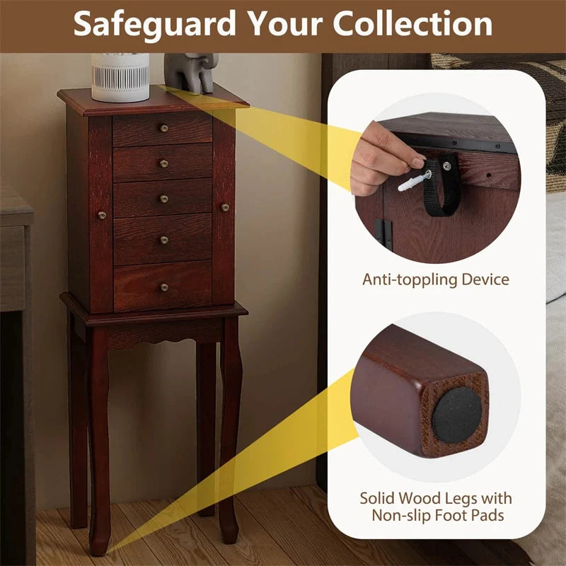 Standing Jewelry Armoire Cabinet with Flip Top Mirror, 4 Drawers, 8 Necklace Hooks & 2 Side Doors - Product image 7