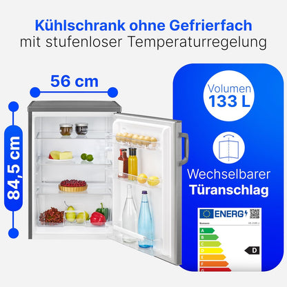 Bomann 133L stainless steel refrigerator VS2195-1-inox, Net capacity: 133 liters, LED interior lighting, Continuous temperature control, 3 glass shelves