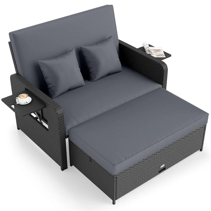 Patio Rattan Daybed Outdoor Wicker Loveseat Sofa with 4-Level Adjustable Backrest, Storage Ottoman - Product image 3