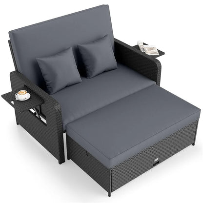 Patio Rattan Daybed Outdoor Wicker Loveseat Sofa with 4-Level Adjustable Backrest, Storage Ottoman - Product image 3