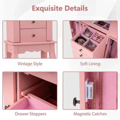 Standing Jewelry Armoire Cabinet with Flip Top Mirror, 4 Drawers, 8 Necklace Hooks & 2 Side Doors - Product image 39