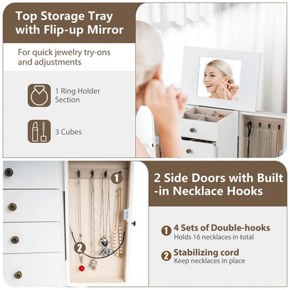 Standing Jewelry Armoire Cabinet with Flip Top Mirror, 4 Drawers, 8 Necklace Hooks & 2 Side Doors - Product image 29