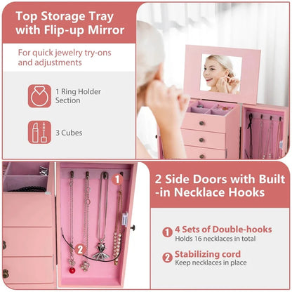 Standing Jewelry Armoire Cabinet with Flip Top Mirror, 4 Drawers, 8 Necklace Hooks & 2 Side Doors - Product image 41