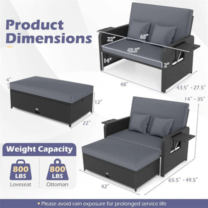 Patio Rattan Daybed Outdoor Wicker Loveseat Sofa with 4-Level Adjustable Backrest, Storage Ottoman - Product image 4