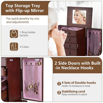 Standing Jewelry Armoire Cabinet with Flip Top Mirror, 4 Drawers, 8 Necklace Hooks & 2 Side Doors - Product image 6
