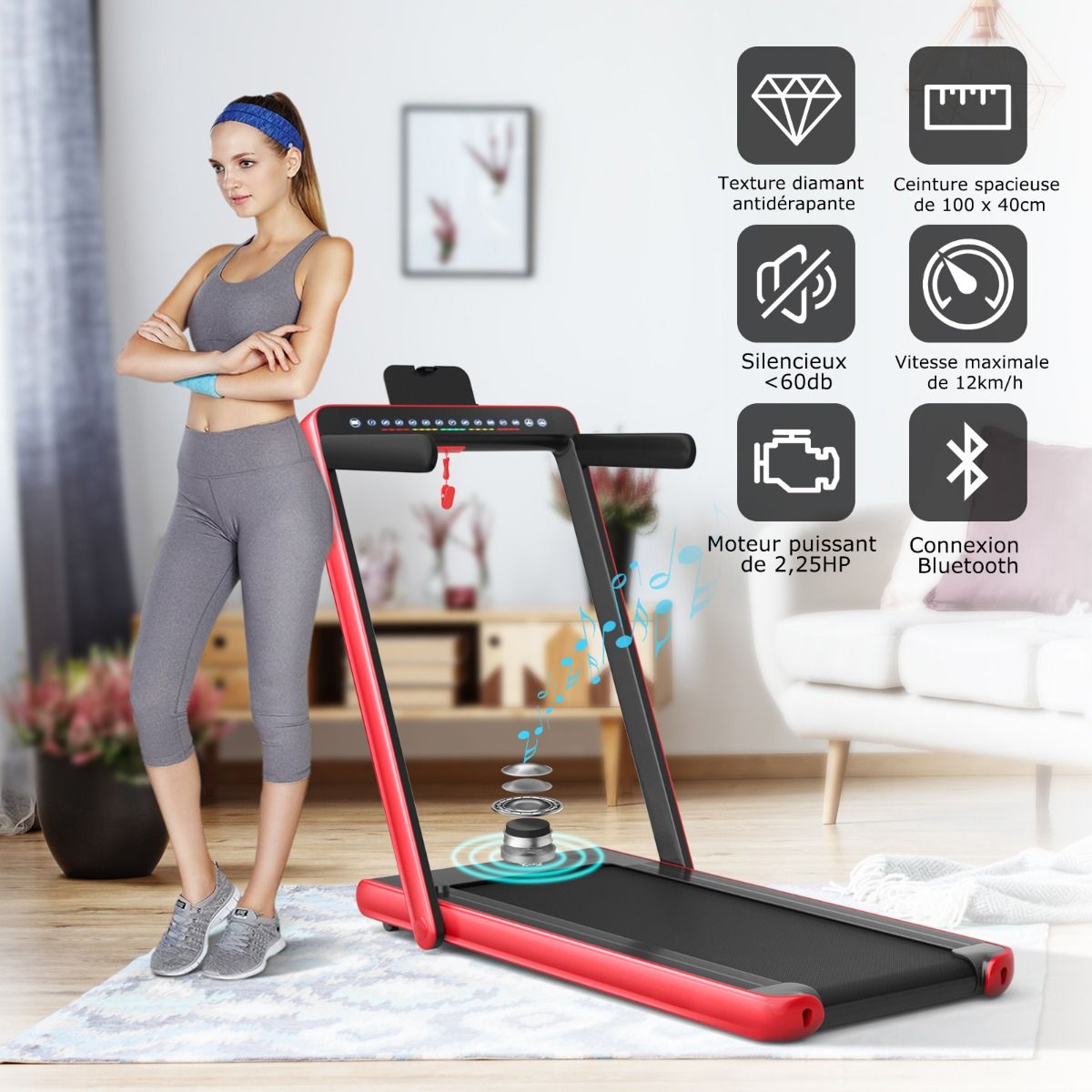Foldable Treadmill 0.75HP Double LED Display APP and Remote Control Motorized Speed ​​12 km/h Surface 40x100cm Red -