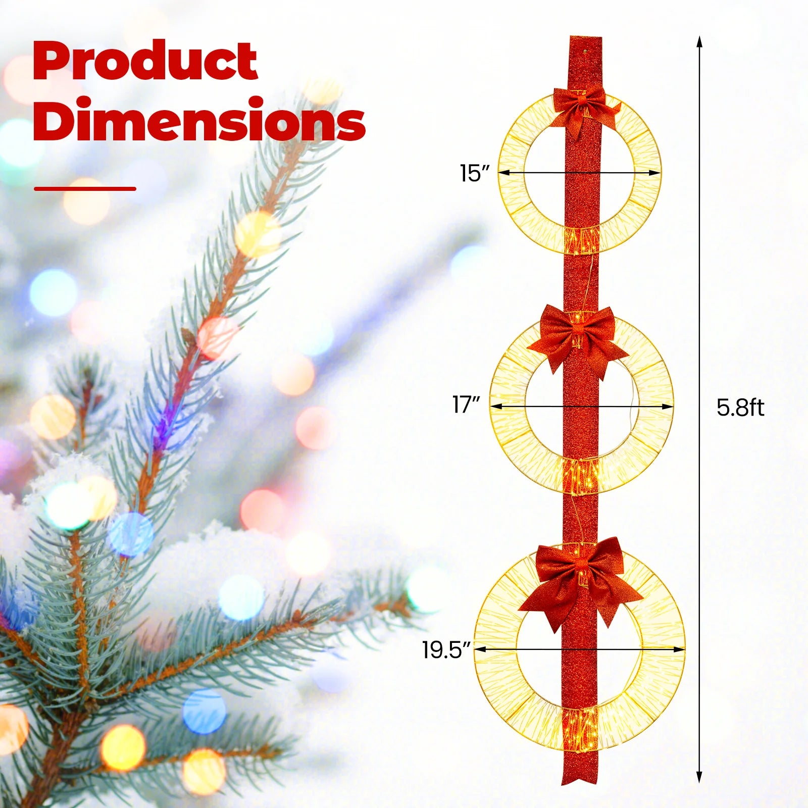 Tangkula Set of 3 Christmas Lighted Wreaths, Pre-Lit Metal Wreaths on Red Ribbon w/ 450 Warm White LED - Product image 9