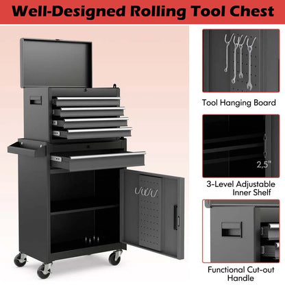 2-in-1 Rolling Tool Chest, 5-Drawer Tool Storage Cabinet with Wheels, Adjustable Shelf - Product image 19