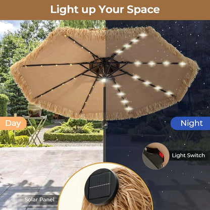 9FT Thatched Tiki Patio Umbrella with 33 Solar LED Lights, Hawaiian Style 2-Tier Hula Beach Umbrella with Tilt & Crank for Pool, Backyard, Garden