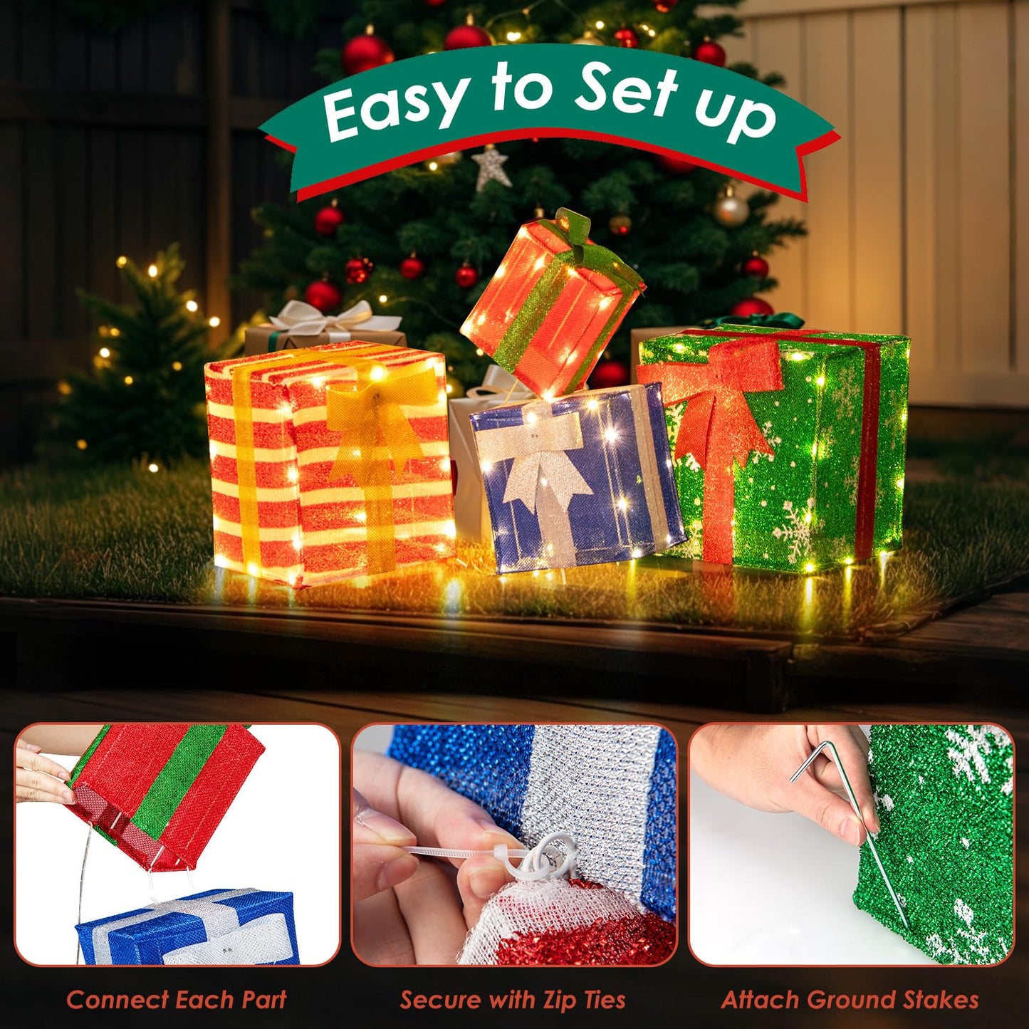 Tangkula 4 FT Lighted Stacked Gift Boxes, Light up Box Tower Christmas Decorations with Built-in LED Lights - Product image 8