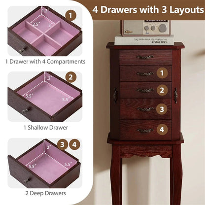 Standing Jewelry Armoire Cabinet with Flip Top Mirror, 4 Drawers, 8 Necklace Hooks & 2 Side Doors - Product image 9