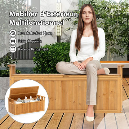 Wooden Storage Bench 209 L 2-Seater Outdoor Bench with Armrests Wooden Storage Box Load 100KG Natural -