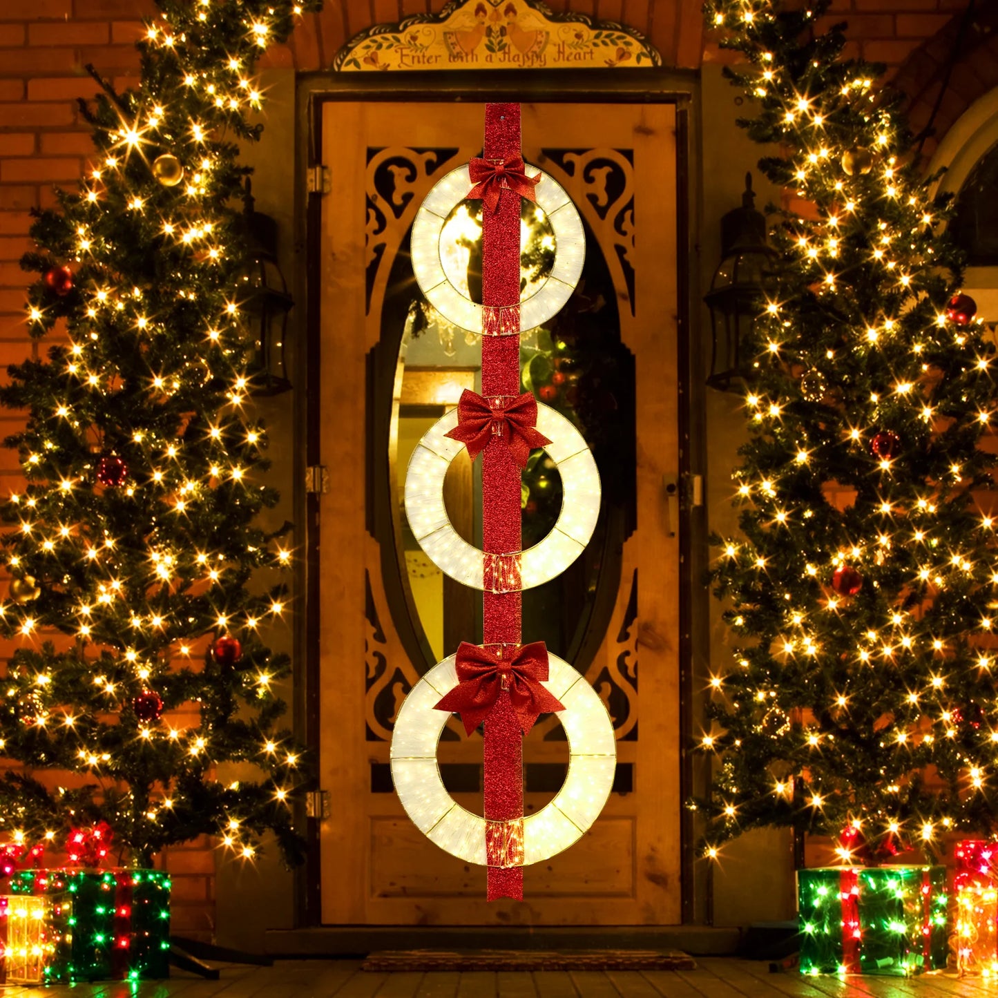Tangkula Set of 3 Christmas Lighted Wreaths, Pre-Lit Metal Wreaths on Red Ribbon w/ 450 Warm White LED - Product image 2