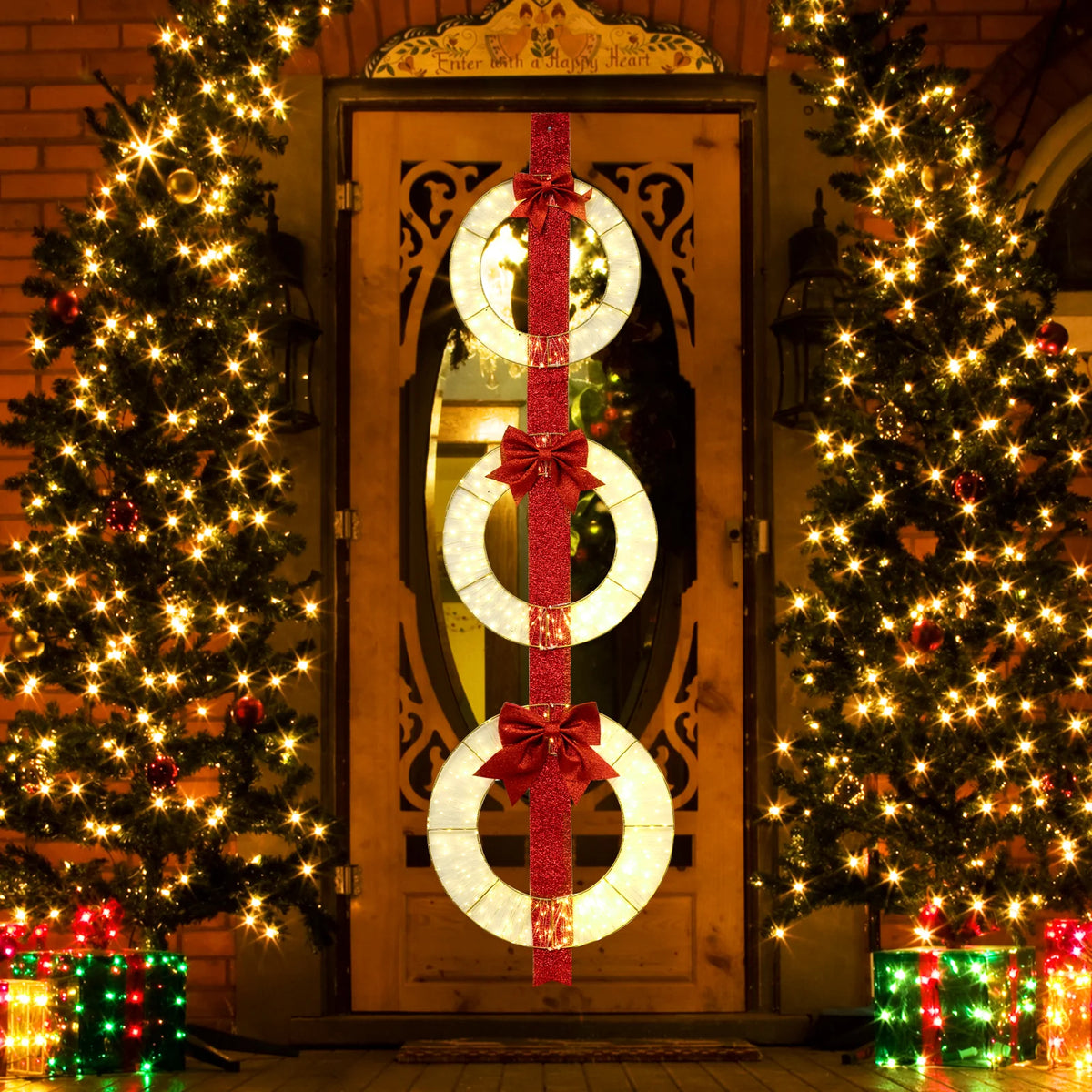 Tangkula Set of 3 Christmas Lighted Wreaths, Pre-Lit Metal Wreaths on Red Ribbon w/ 450 Warm White LED - Product image 2