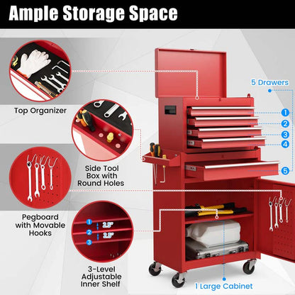 2-in-1 Rolling Tool Chest, 5-Drawer Tool Storage Cabinet with Wheels, Adjustable Shelf - Product image 34
