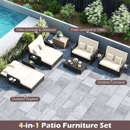 Patio Rattan Daybed Outdoor Wicker Loveseat Sofa with 4-Level Adjustable Backrest, Storage Ottoman - Product image 34