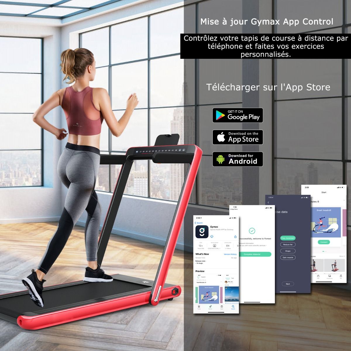 Foldable Treadmill 0.75HP Double LED Display APP and Remote Control Motorized Speed ​​12 km/h Surface 40x100cm Red -
