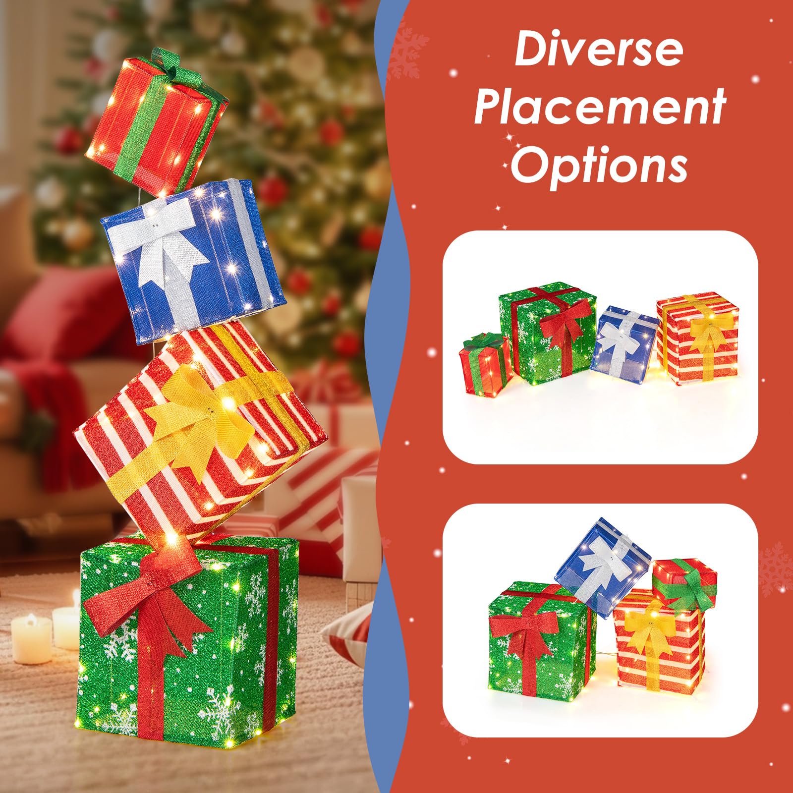 Tangkula 4 FT Lighted Stacked Gift Boxes, Light up Box Tower Christmas Decorations with Built-in LED Lights - Product image 9