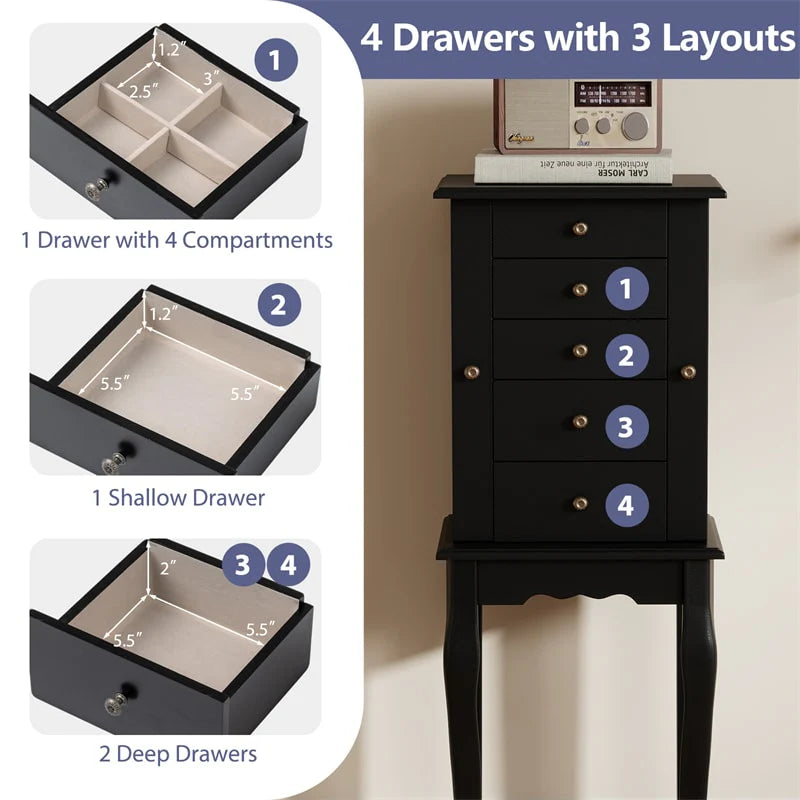 Standing Jewelry Armoire Cabinet with Flip Top Mirror, 4 Drawers, 8 Necklace Hooks & 2 Side Doors - Product image 16