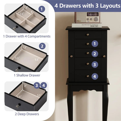 Standing Jewelry Armoire Cabinet with Flip Top Mirror, 4 Drawers, 8 Necklace Hooks & 2 Side Doors - Product image 16