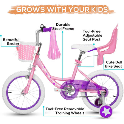 Hykolity 14" Girls Bikes with Basket, Doll Seat, Removable Training Wheel, Adjustable Sanddle - Product image 4
