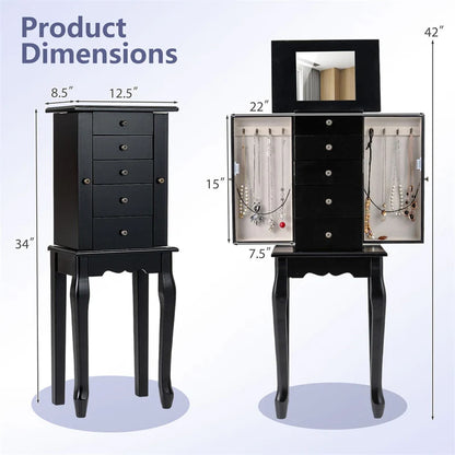 Standing Jewelry Armoire Cabinet with Flip Top Mirror, 4 Drawers, 8 Necklace Hooks & 2 Side Doors - Product image 20