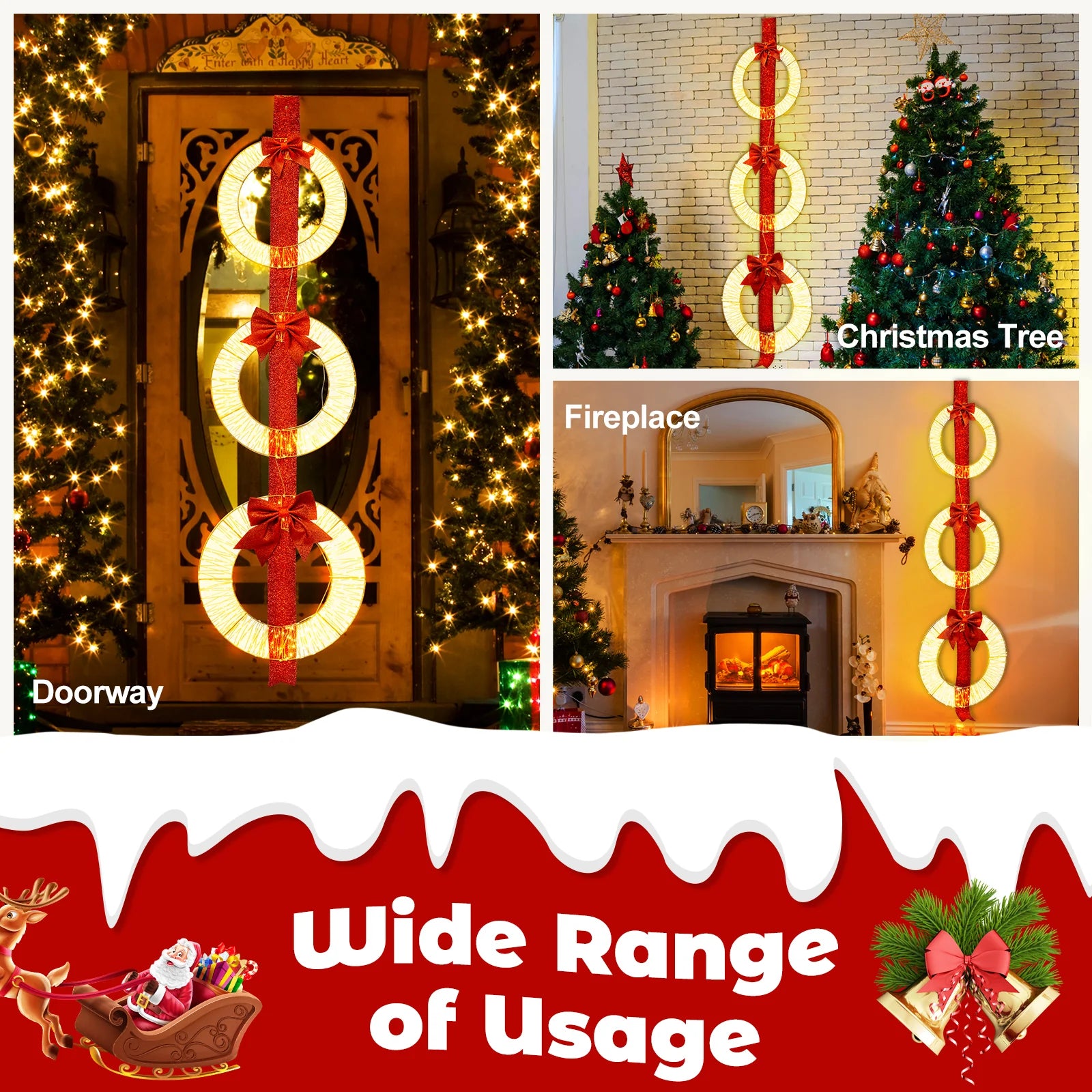 Tangkula Set of 3 Christmas Lighted Wreaths, Pre-Lit Metal Wreaths on Red Ribbon w/ 450 Warm White LED - Product image 7