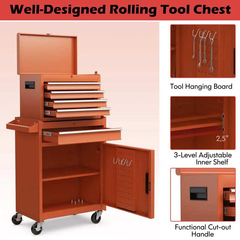 2-in-1 Rolling Tool Chest, 5-Drawer Tool Storage Cabinet with Wheels, Adjustable Shelf - Product image 9