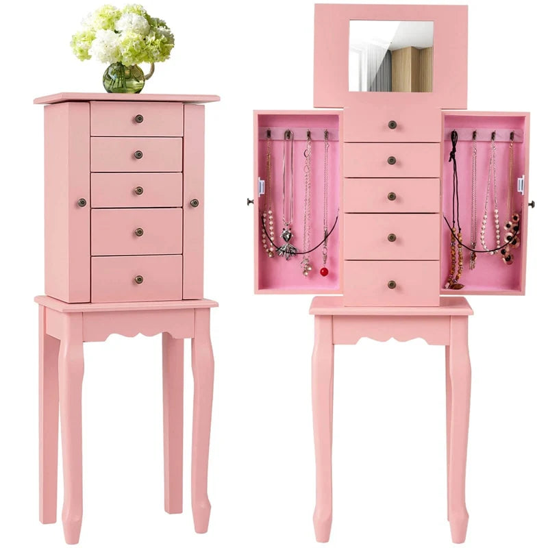 Standing Jewelry Armoire Cabinet with Flip Top Mirror, 4 Drawers, 8 Necklace Hooks & 2 Side Doors - Product image 34