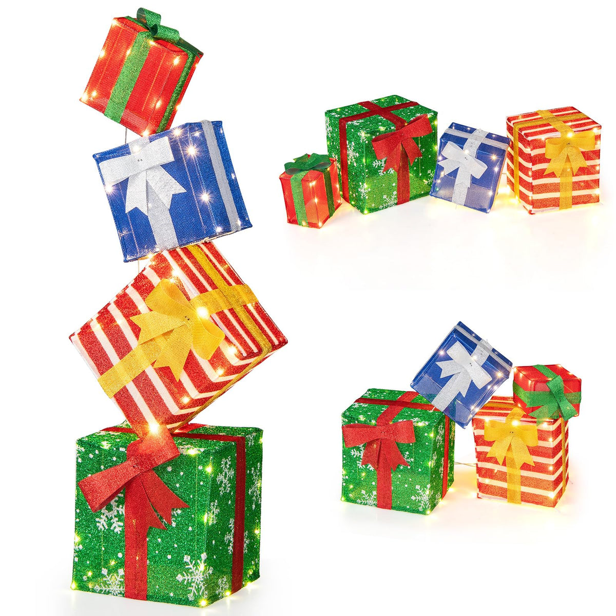 Tangkula 4 FT Lighted Stacked Gift Boxes, Light up Box Tower Christmas Decorations with Built-in LED Lights - Product image 1