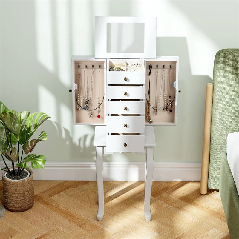 Standing Jewelry Armoire Cabinet with Flip Top Mirror, 4 Drawers, 8 Necklace Hooks & 2 Side Doors - Product image 25