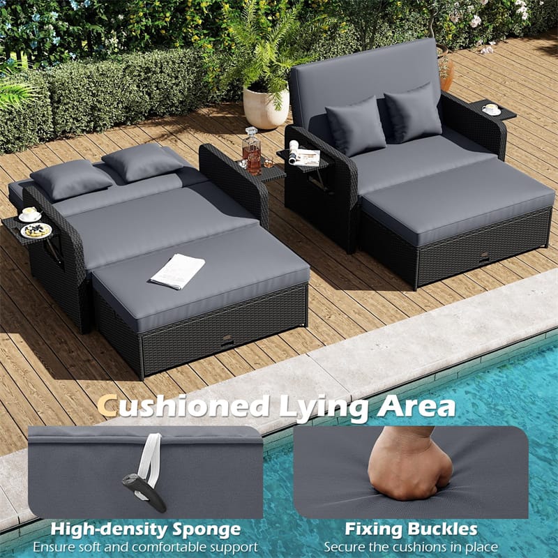 Patio Rattan Daybed Outdoor Wicker Loveseat Sofa with 4-Level Adjustable Backrest, Storage Ottoman - Product image 9