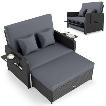 Patio Rattan Daybed Outdoor Wicker Loveseat Sofa with 4-Level Adjustable Backrest, Storage Ottoman - Product image 1