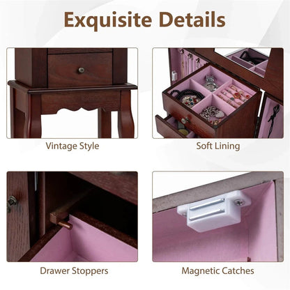 Standing Jewelry Armoire Cabinet with Flip Top Mirror, 4 Drawers, 8 Necklace Hooks & 2 Side Doors - Product image 8