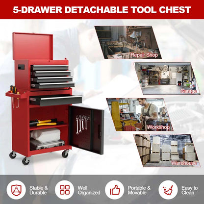2-in-1 Rolling Tool Chest, 5-Drawer Tool Storage Cabinet with Wheels, Adjustable Shelf - Product image 52